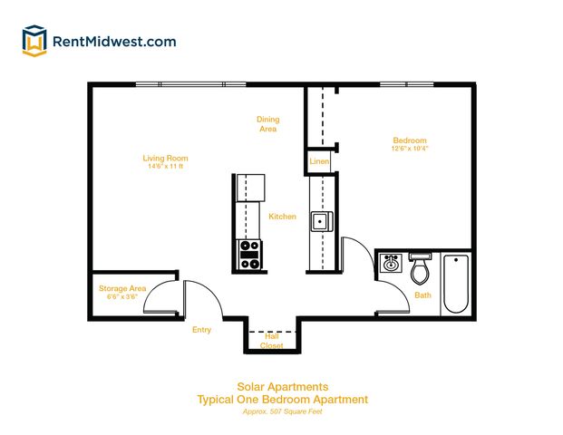 Inviting floor plan of Solar Apartments showcasing a cozy one-bedroom layout with living room, kitchen, dining area, and modern bath in approximately 507 square feet.