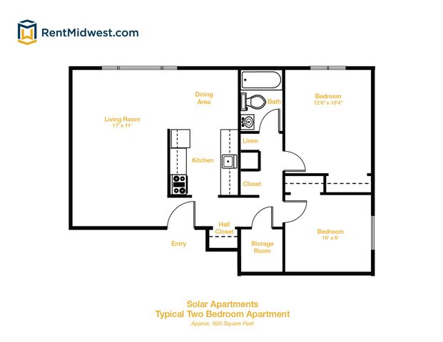 Solar Apartments two-bedroom floor plan showcasing a spacious living room, convenient kitchen, dining area, and large storage room within 600 square feet.