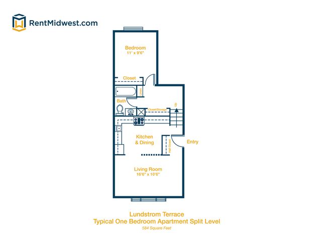 Lundstrom Terrace one-bedroom split-level floor plan, featuring kitchen and dining area, spacious living room, and cozy bedroom, 584 square feet of comfortable living space.