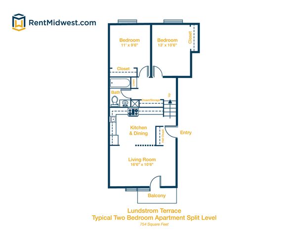 Lundstrom Terrace split level floor plan showcasing two spacious bedrooms, a bright living room with balcony, modern kitchen and dining area, and a convenient bathroom, totaling 754 square feet.