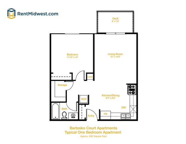 Charming floor plan for Bartesko Court Apartments showcasing a one-bedroom layout with a cozy living room, efficient kitchen/dining area, and a private deck; approximately 630 square feet.