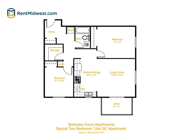Inviting floor plan of Bartesko Court Apartments featuring a typical two-bedroom layout with an open kitchen/dining area, spacious living room, and private deck, approximately 800 square feet.
