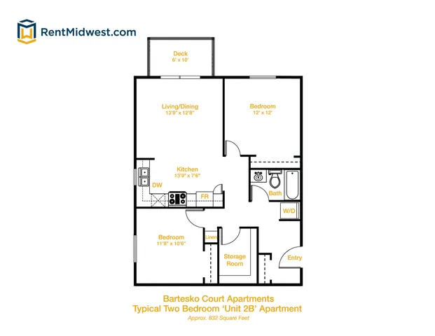 Bartesko Court Apartments floor plan showcasing a stylish two-bedroom layout with a spacious living/dining area, modern kitchen, and private deck, approximately 832 square feet.