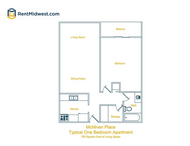 McNiven Place floor plan showcasing a spacious one-bedroom apartment with balcony, dining room, and modern kitchen in 700 sq ft.