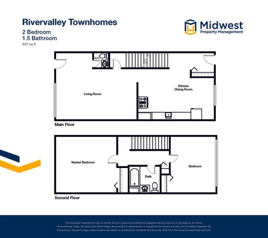 Charming Rivervalley Townhomes floor plan featuring 2 bedrooms and 1.5 bathrooms across 935 sq ft, with an open kitchen and dining area, and a cozy living room.