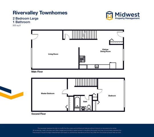 Rivervalley Townhomes 2-bedroom large floor plan showcasing a spacious living room, kitchen dining area, and a cozy master bedroom, spread across 935 sq ft.