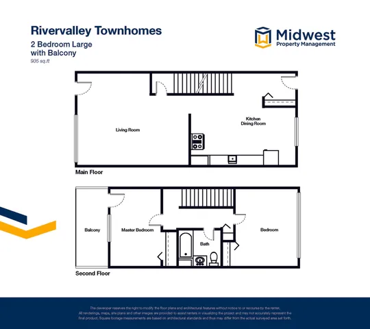 Rivervalley Townhomes floor plan showcasing a spacious 2-bedroom layout with a balcony, including a large living room, kitchen dining room, and bathroom, totaling 935 sq. ft.