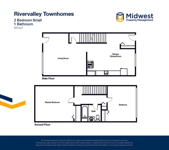 Rivervalley Townhomes floor plan showcasing a cozy 2-bedroom layout with a spacious living room and kitchen on the main floor, and a master bedroom with bath on the second floor, 935 sq ft.
