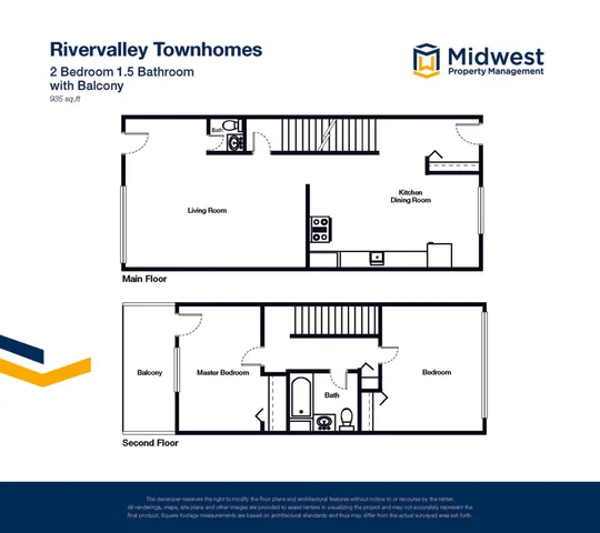 Inviting two-story Rivervally Townhomes floor plan showcasing 2 bedrooms, 1.5 baths, a spacious living room, and a modern kitchen with dining room, featuring a balcony and 935 sq ft of comfortable living space.