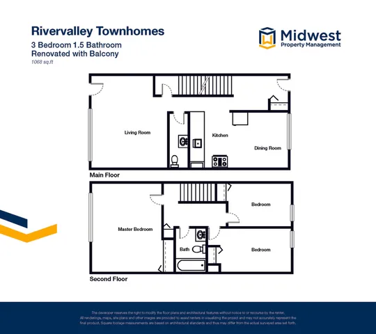 Rivervalley Townhomes floor plan showcasing a renovated 3 bedroom, 1.5 bathroom layout with balcony, spread over 1068 sq ft. Includes a spacious living room, kitchen, dining room, and master suite.