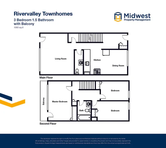 Charming Rivervalley Townhomes floor plan with 3 bedrooms, 1.5 bathrooms, and a stylish balcony over 1068 sq ft. Features open-concept living and dining areas.