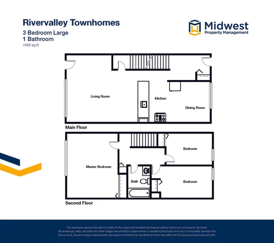 Rivervalley Townhomes modern floor plan with 3 spacious bedrooms, a welcoming living room, and a sleek kitchen, spread over 1068 sq.ft.