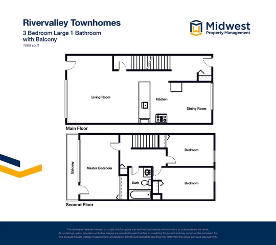 Rivervalley Townhomes floor plan showcasing a 3 bedroom, 1 bathroom layout with a balcony, featuring an open kitchen, dining room, and spacious living room on the main floor, 1068 sq. ft.