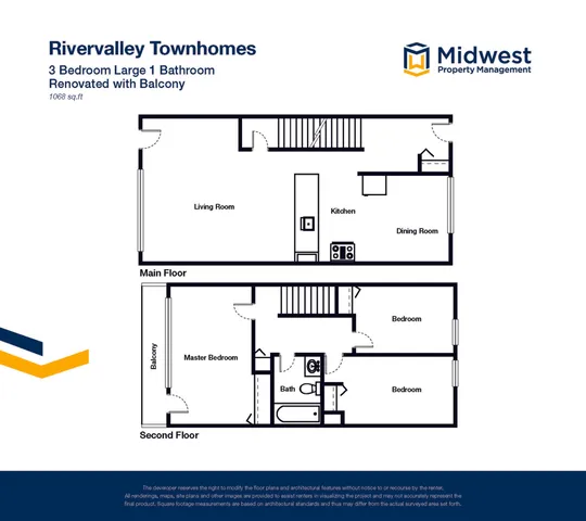 Rivervalley Townhomes floor plan, showcasing a spacious 3-bedroom layout with a large bathroom and balcony. Modern main floor features a living room, kitchen, and dining area, perfect for comfortable living.