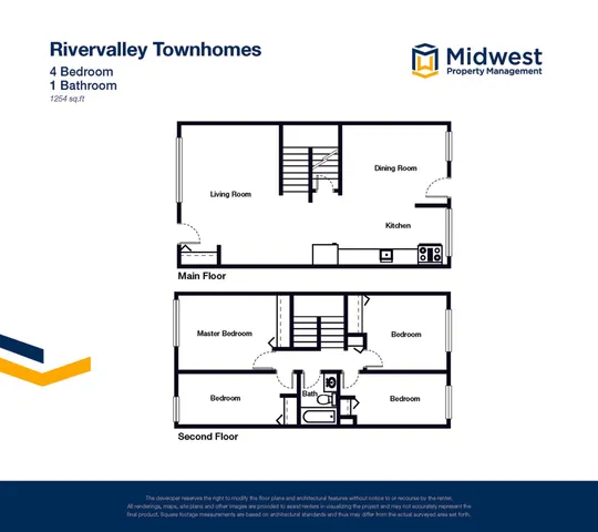 Inviting floor plan of Rivervalley Townhomes showcasing 4 bedrooms and 1 bathroom, with spacious living and dining areas, spread over two floors, totaling 1254 sq ft.