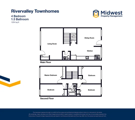 Spacious Rivervalley Townhomes floor plan highlighting 4 bedrooms and 1.5 bathrooms across two floors, featuring open-concept living and dining areas and a modern kitchen, 1254 sq ft.