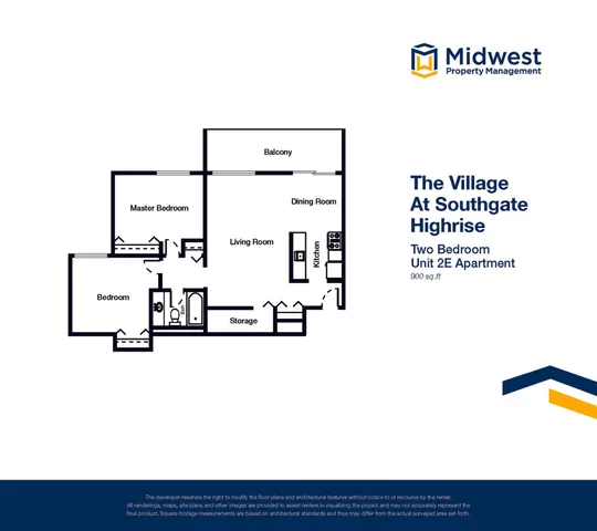 Modern floor plan for The Village At Southgate Highrise showcasing a spacious two bedroom Unit 2E apartment with 900 sq ft, featuring a large balcony, master bedroom, open living and dining area, and fully equipped kitchen.