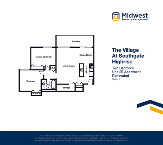 Stylish floor plan of The Village at Southgate Highrise, showcasing a spacious 2-bedroom renovated apartment with living room, dining room, modern kitchen, and balcony, 900 sq ft.