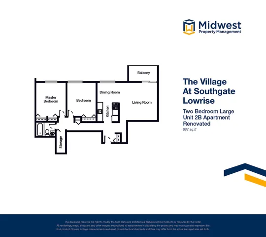 The Village at Southgate Lowrise renovated floor plan featuring two spacious bedrooms, elegant dining and living rooms, a modern kitchen, and a balcony, totaling 967 sq ft of stylish living in Unit 2B.