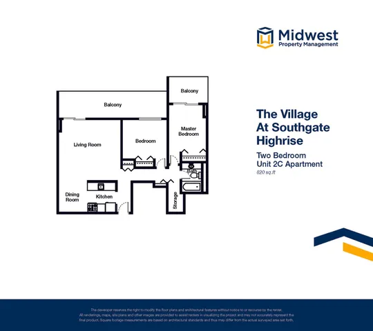 Charming 2-bedroom floor plan in The Village At Southgate Highrise, featuring an open living room, dining area, and kitchen, with two balconies and convenient storage space, covering 820 sq. ft.