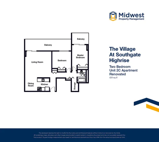 Spacious 2D floor plan of The Village at Southgate Highrise, showcasing 820 sq ft with two bedrooms, a master bedroom, an open living and dining area, and two balconies.