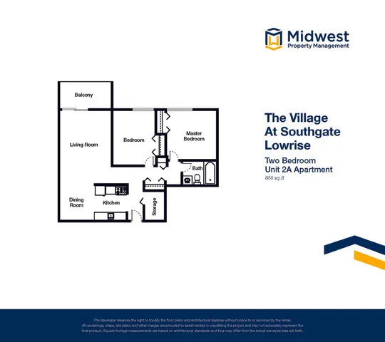 Elegant floor plan of The Village at Southgate Lowrise, featuring 2 bedrooms, a spacious living room with balcony, modern kitchen, and dining area in an 808 sq. ft. layout.