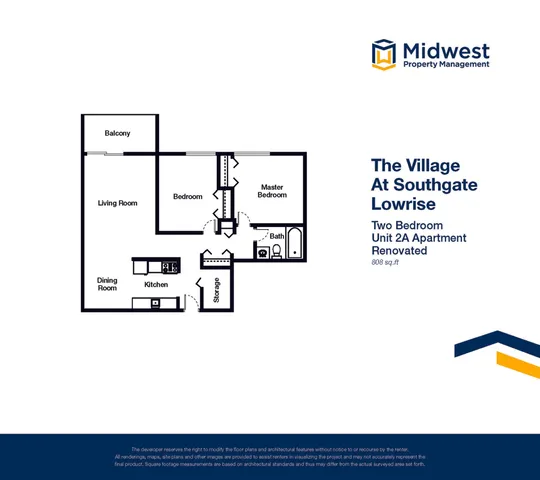 The Village at Southgate Lowrise, 2-bedroom unit 2A floor plan with a renovated design, featuring a spacious living room, dining area, modern kitchen, and private balcony, encompassing 808 sq. ft.