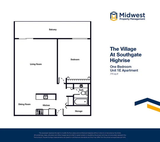 Modern 2D floor plan of The Village At Southgate Highrise featuring a one-bedroom layout with living room, kitchen, dining area, and balcony; 775 sq.ft.