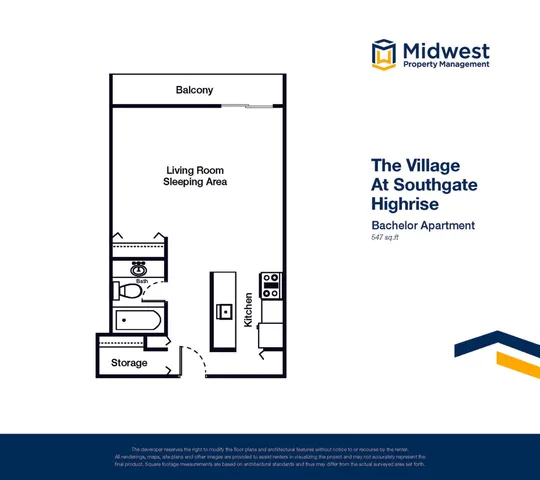Chic bachelor apartment floor plan with open living and sleeping area, kitchen, bath, and storage, featuring a balcony, 547 sq. ft. at The Village At Southgate Highrise.