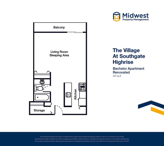 Modern floor plan of a 547 sq ft bachelor apartment at The Village At Southgate Highrise, featuring an open living and sleeping area, cozy kitchen, and private balcony.