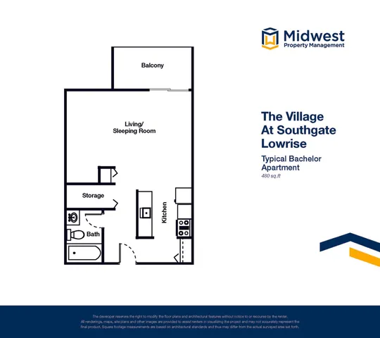 The Village at Southgate Lowrise floor plan displaying a typical bachelor apartment with a living/sleeping room, kitchen, bath, and balcony, 480 sq ft.