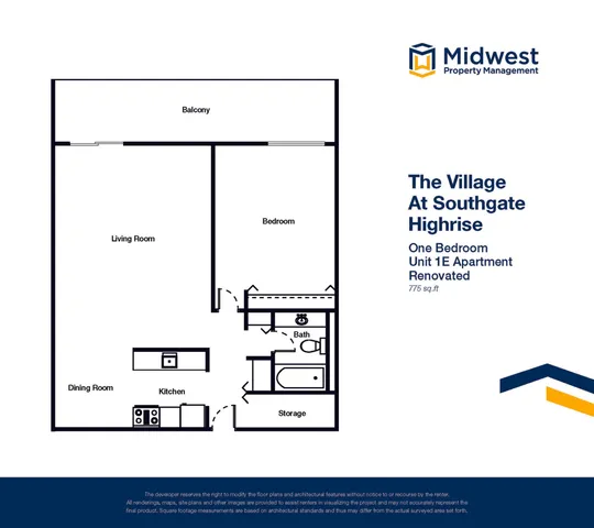 Charming floor plan for a newly renovated one-bedroom apartment at The Village At Southgate Highrise, featuring a spacious living room, dining room, kitchen, and balcony, covering 775 sq ft.
