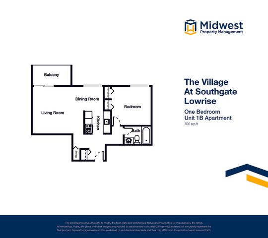 Inviting 1-bedroom floor plan at The Village At Southgate Lowrise featuring a cozy living room with balcony, dining area, and efficient kitchen in 700 sq.ft of elegant space.