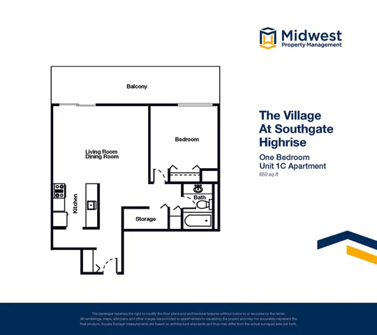 Inviting 1-bedroom apartment floor plan at The Village At Southgate Highrise, featuring a spacious living/dining area, kitchen, and a serene balcony, 650 sq ft.