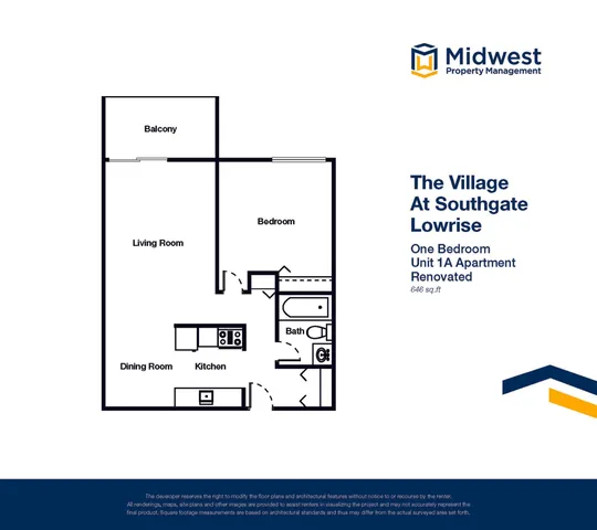 Charming 1-bedroom apartment floor plan at The Village At Southgate Lowrise, featuring a cozy living room, modern kitchen, dining area, bath, and private balcony in 646 sq ft.