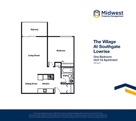 Chic floor plan of The Village at Southgate Lowrise featuring one bedroom, a cozy living area, kitchen, dining room, and balcony, 646 sq ft.