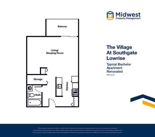 Charming renovated bachelor apartment floor plan at The Village at Southgate Lowrise, featuring a combined living and sleeping area, a practical kitchen, a bathroom, storage, and a cozy balcony, totaling 480 sq ft.