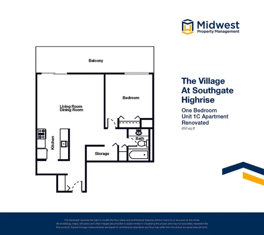 Modern floor plan of The Village at Southgate Highrise featuring a cozy one-bedroom unit with a spacious living room, kitchen, and balcony, covering 650 sq. ft.