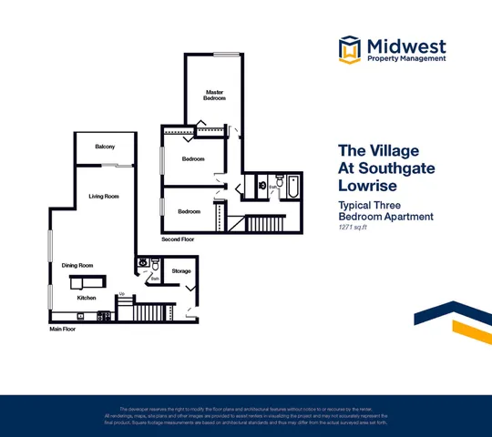 Sophisticated 3-bedroom apartment floor plan at The Village At Southgate Lowrise, featuring spacious living areas and a charming balcony, 1271 sq ft.