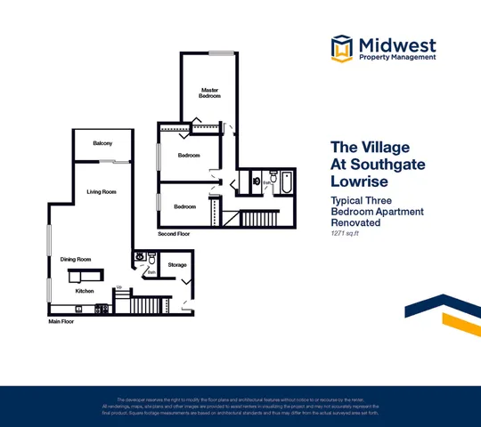 Modern floor plan of a renovated Southgate Lowrise, featuring three spacious bedrooms, open living and dining areas, and a stylish kitchen with ample storage, spanning 1271 sq.ft.