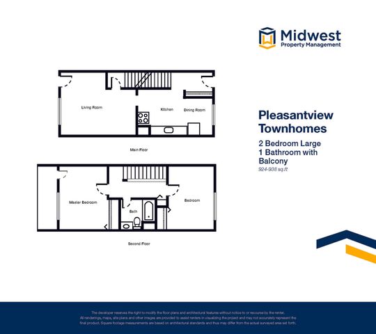 Pleasantview Townhomes floor plan showcasing a spacious 2 bedroom layout with a living room, kitchen, dining area, and a bathroom with balcony, perfect for modern living, 924-938 sq ft.
