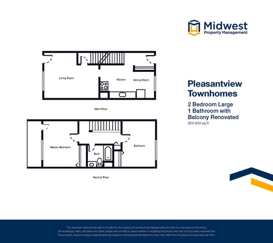 Pleasantview Townhomes floor plan displaying a stylish layout with 2 spacious bedrooms, 1 modern bathroom, an inviting living room, kitchen, and dining area, spanning 924-938 sq ft. Perfectly renovated with a balcony.