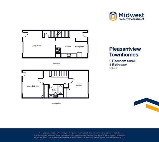 Pleasantview Townhomes floor plan showcasing a smartly designed 2-bedroom, 1-bathroom layout with a cozy living room, dining room, and functional kitchen in 924 sq ft.