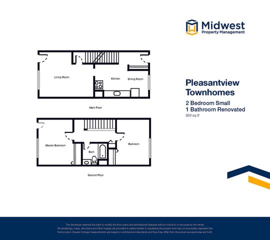Pleasantview Townhomes floor plan showcasing a compact 2-bedroom layout with one renovated bathroom, featuring a cozy living room, dining area, and kitchen across 928 sq. ft.
