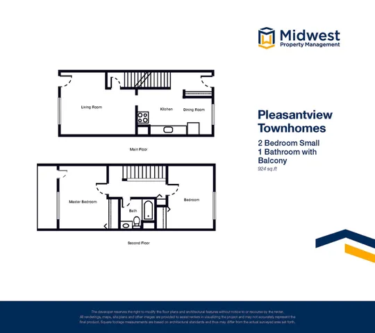 Pleasantview Townhomes 2D floor plan showcasing 2 bedrooms, 1 bathroom, a spacious living area, and a modern kitchen with dining on the main floor, 924 sq ft.