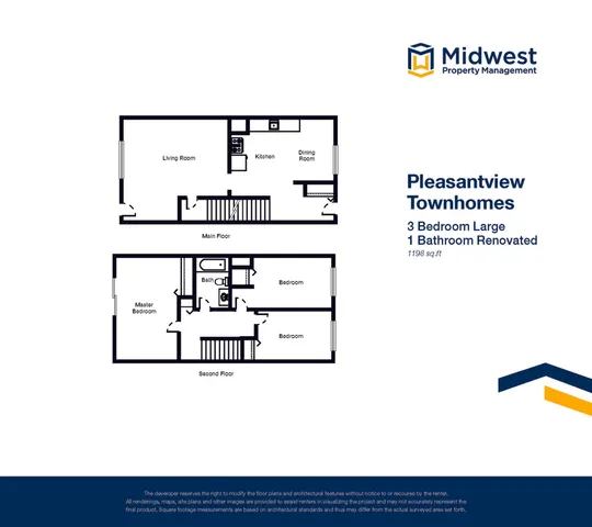 Pleasantview Townhomes floor plan showcasing a spacious 3-bedroom, 1-bathroom layout with modern renovations and open living area, covering 1198 sq ft.