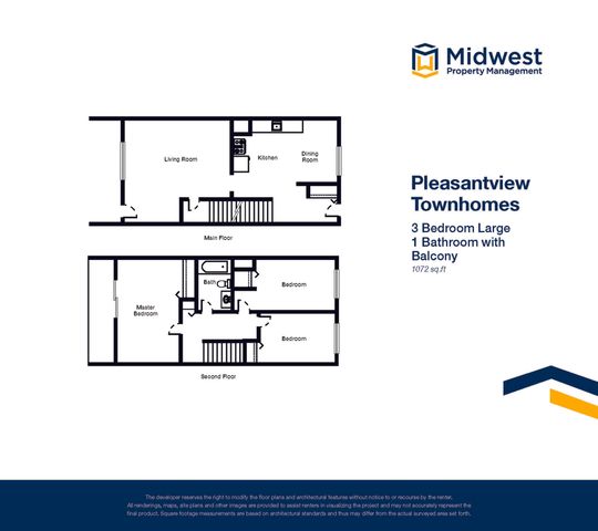 Pleasantview Townhomes floor plan with 3 bedrooms, 1 bathroom, spacious living and dining areas, plus a balcony, spanning 1072 sq ft.