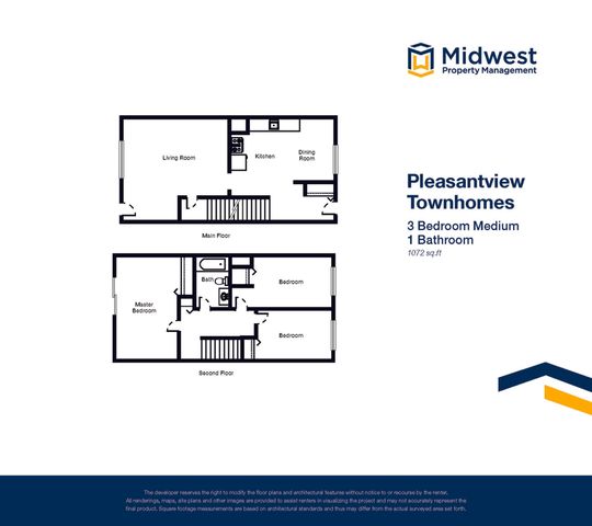 Pleasantview Townhomes floor plan featuring 3 bedrooms, 1 bathroom, an inviting living room, a cozy kitchen, and a dining room across two spacious levels, totaling 1072 sq ft.