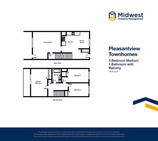 Pleasantview Townhomes floor plan showcasing a modern 3-bedroom layout, 1 bathroom, and a balcony over 1056 sq. ft. Spacious living areas and functional kitchen design on the main floor.