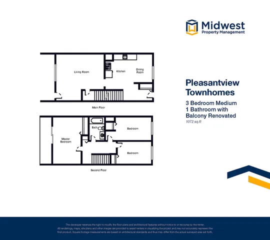 Pleasantview Townhomes floor plan featuring a well-designed 3-bedroom layout, including a spacious living room and modern kitchen on the main floor, complemented by a sleek bathroom and balcony upgrade at 1072 sq ft.